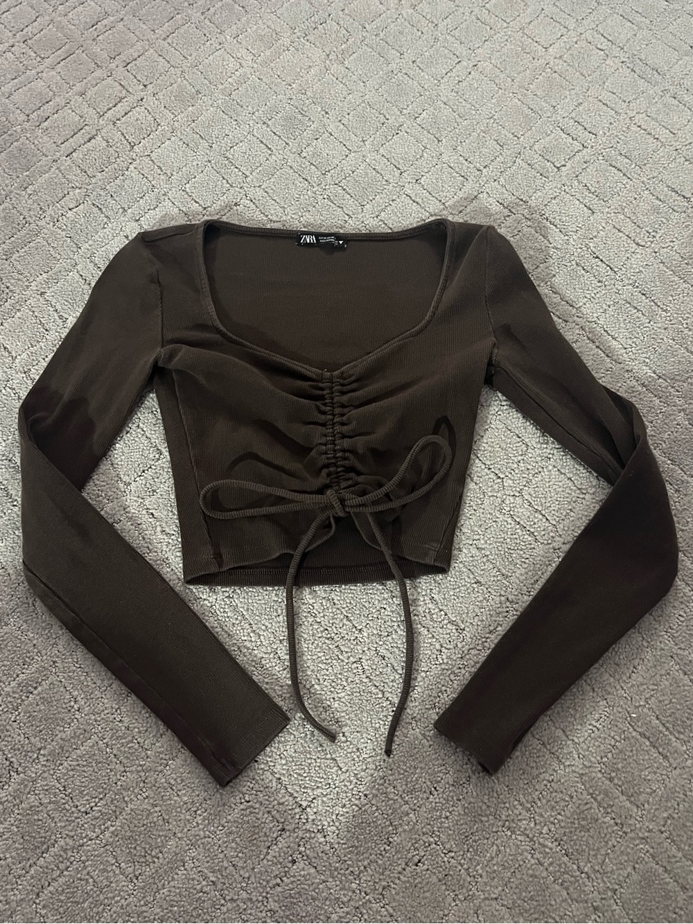 Zara Brown Ruched Long-Sleeve Crop Top